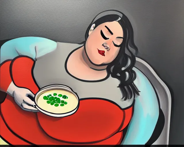 Image similar to BBW Cyborg Woman struggling to reach for a can of soup on the top shelf, art station painting