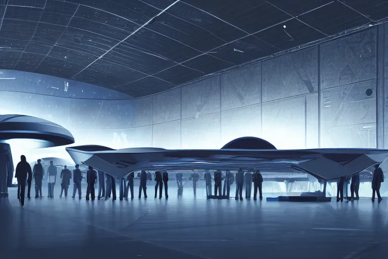 Prompt: a huge futuristic spacecraft in a hangar, cinematic lighting, low angle, tiny people standing near the spacecraft, concept art
