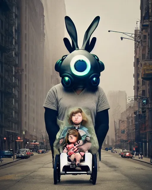 Image similar to epic pose!!! giant oversized battle rabbit robot chubby mech baby wheelchair double decker with giant oversized ears and rabbit babies ,in busy city , full body , Cinematic focus, Polaroid photo, vintage , neutral dull colors, soft lights, foggy mist , by oleg oprisco , by national archives, by discovery channel, by victor enrich , by gregory crewdson