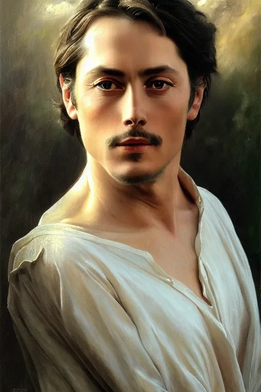 Prompt: portrait en buste alain delon by mark arian, by hughes merle, by pierre auguste cot, perfectly detailed eyes oil on canvas, masterpiece, realism,