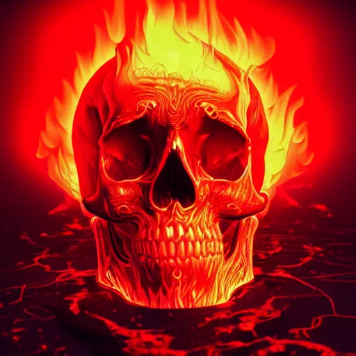 Image similar to a highly detailed human skull on fire in front of a glowing red background, 3 d, highly detailed, digital art, artstation, concept art, initimate lighting, strong bokeh, trending