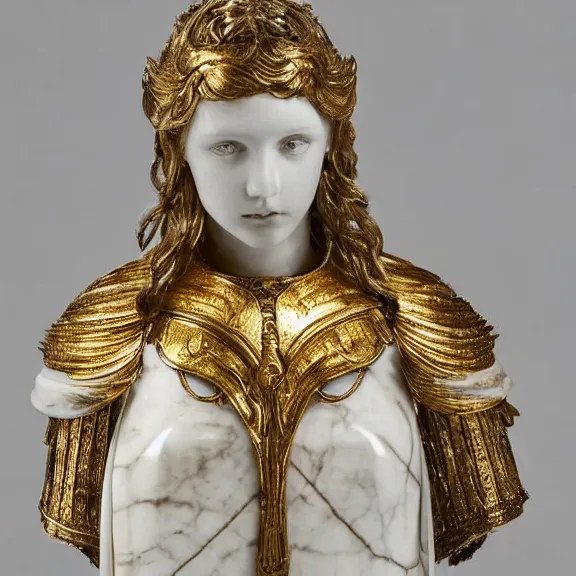 Image similar to a white art nouveau marble and gold head and torso sculpture of a worried young millie bobby brown with long, flowing hair, wearing intricate gold plate armor on her chest, delicate, intricate, smooth, beautiful, by charles van der stappen