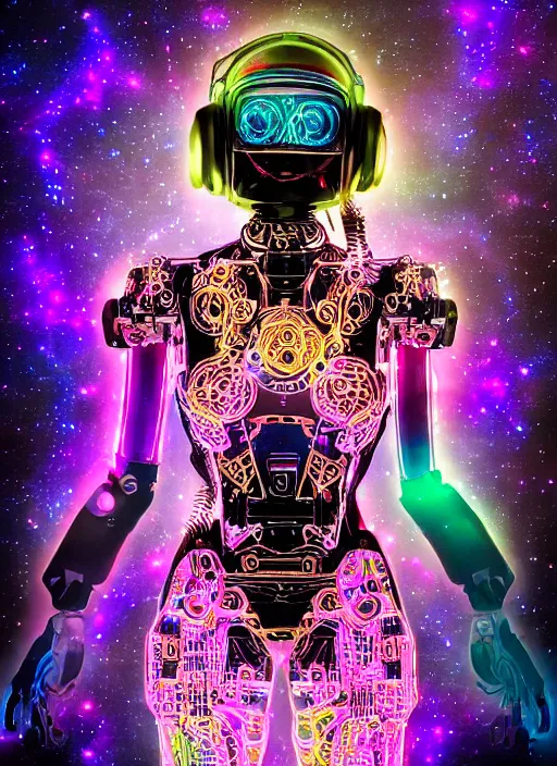 Image similar to intricate cyborg pilot girl with electromechanical robot parts, embedded in motherboard wall, connected made of and covered with many colorful wires, featuring beautiful detailed machined crystal eyes glowing with nebula, background glowing game server powered by galaxies. backlit luminous shiny metallic