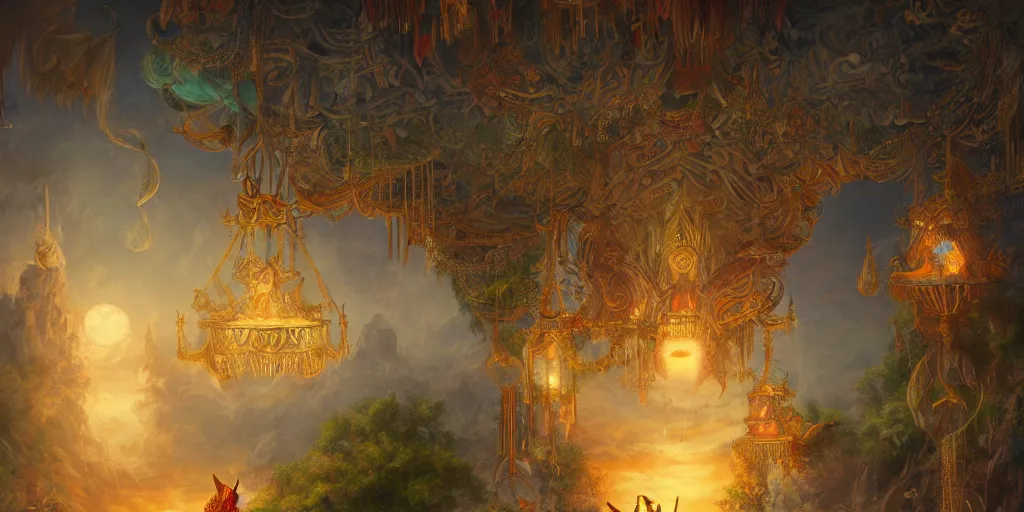 Image similar to painting of a god of wind enjoying his ornate heavenly palace, decorated with windchimes and paper lanterns, stunning nature in background, digital art trending on artstation