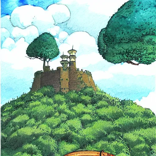 Image similar to laputa castle in the sky robot hayao miyazaki stands in a small clearing among trees, watercolor illustration for a book