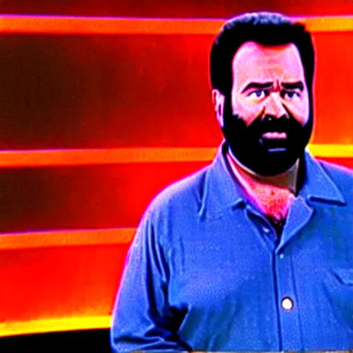 Prompt: Billy Mays hosting Jeopardy, VHS tape footage, 1991, the set of Jeopardy