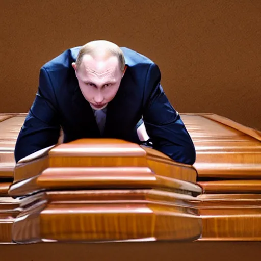 Prompt: sad dead Putin lies in a coffin. dramatic lighting, award winning studio photo