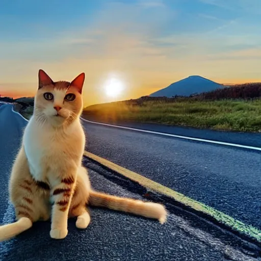 Image similar to convertible with cat driving on road, clear sky, golden hour, unobstructed road