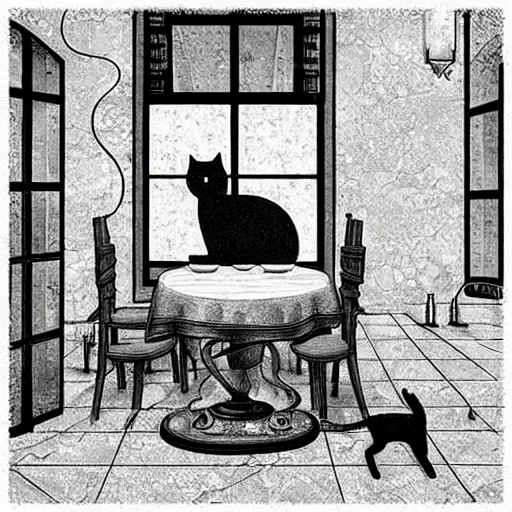 Image similar to Cat’s restaurant, in da Vinci style, trending on artstation