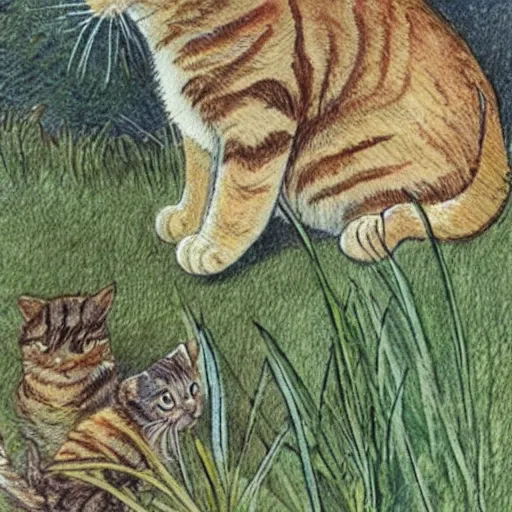 Image similar to a cute tabby cat sitting in a garden, beautiful illustration by beatrix potter