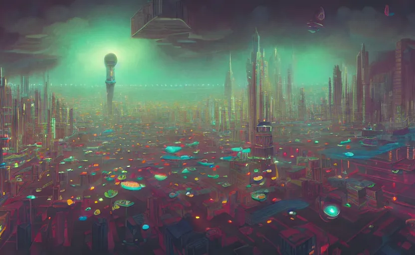 Prompt: Wide angle shot of a city with holographic fishes floating in the sky by Petros Afshar, James Gilleard, Mark Ryden, Wolfgang Lettl highly detailed, Dark cineamtic and atmospheric lighting