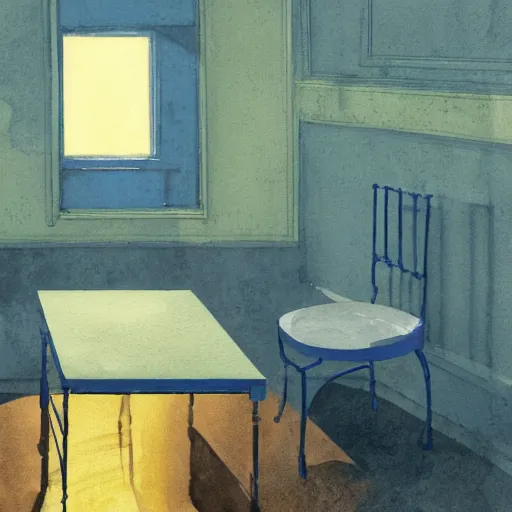 Image similar to close up of a chimera in a blue and gold haunted liminal abandoned room, watercolor by victo ngai, by hammershøi, art noveau, highly detailed, lights by edward hopper, liminal, eerie, bright pastel colors