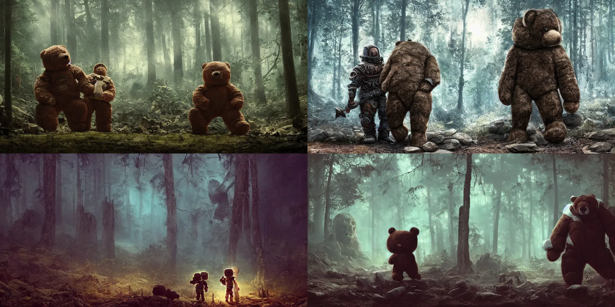 Prompt: giant oversized teddy bear barbarian and human astronaut in a dark moody scary forest , ful of dead corpses, cyan portal gate next to big graveyard, extremely textured frazetta oil painting panorama 8k intricate dramatic cinematic mood backlight