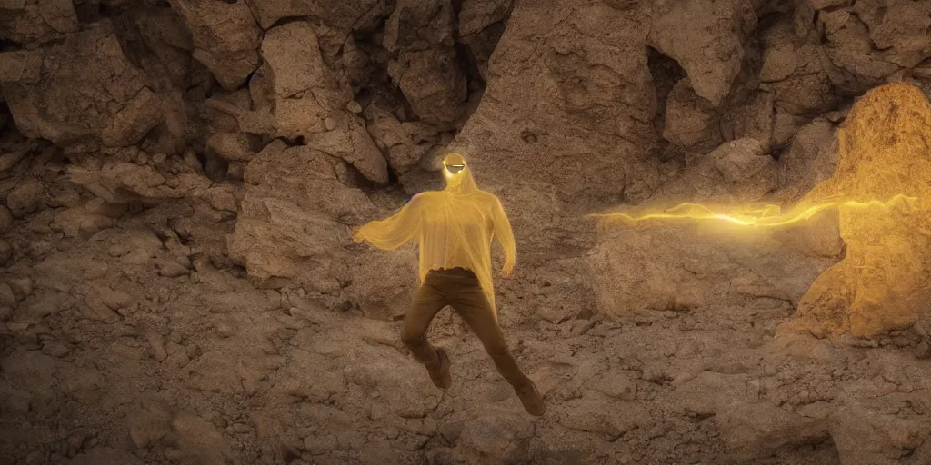 Image similar to levitating ghost veiled silhouette with full - face golden bright reflective mask in a dry rocky desert landscape, visible sky and sunny atmosphere, floating rocks, flying rocks and fata morgana and giant mirrors by alejandro jodorowsky, anamorphic lens, kodakchrome, practical effects, masterpiece, 8 k