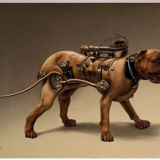 Image similar to a hyperrealistic painting of a steampunk pitbull dog, by john kenn mortensen, highly detailed,