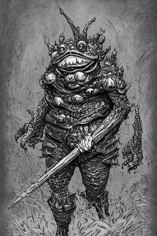 Image similar to toad goblin, wearing armour, swamp, symmetrical, highly detailed, digital art, sharp focus, trending on art station, kentaro miura manga art style