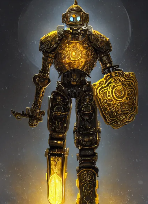 Image similar to full body, attack position abstract portrait of a intricate ornate holy mechanical warforged with circular glowing eye, character in yellow armor holding a paladin engraved great longsword drawn and carrying a big paladin shield, vertically flat head, face in focus, pit droid, epic , trending on ArtStation, masterpiece, cinematic lighting, by Ross Tran and by Greg Rutkowski