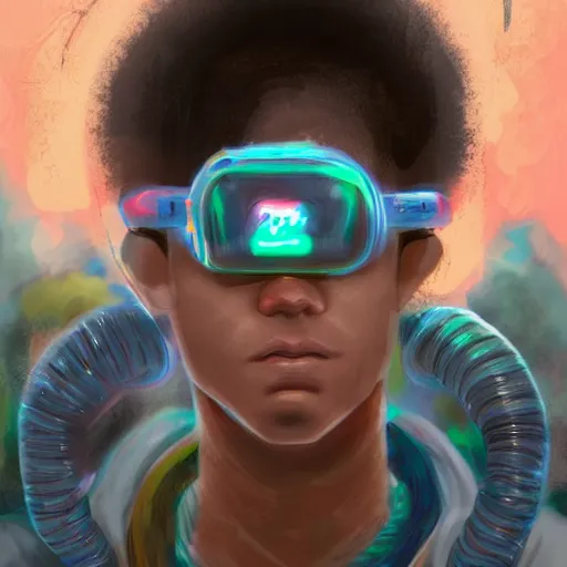 Image similar to in the style of ghostshrimp and bubbltek a highly detailed character concept illustration of a young mixed race male explorer wearing a cyberpunk headpiece