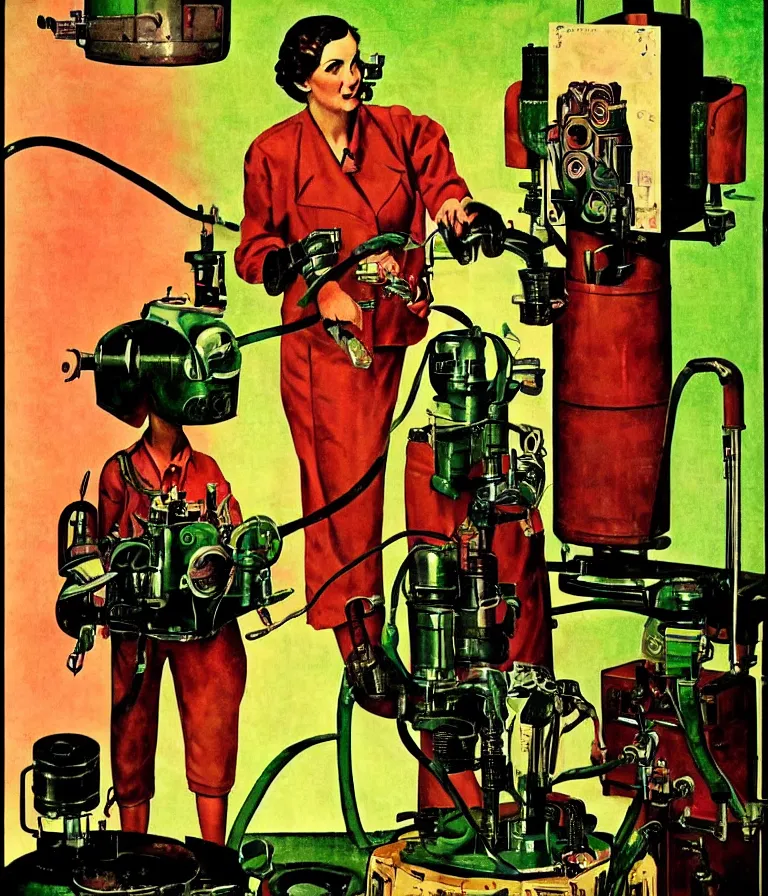 Prompt: a female mad scientist building a manly robot, in a darkly lit laboratory room, 1 9 5 0 s horror film movie poster style, ( norman rockwell oil painting ), retro science fiction, vintage, saturated pink and green lighting, shadowy lighting, cohesive