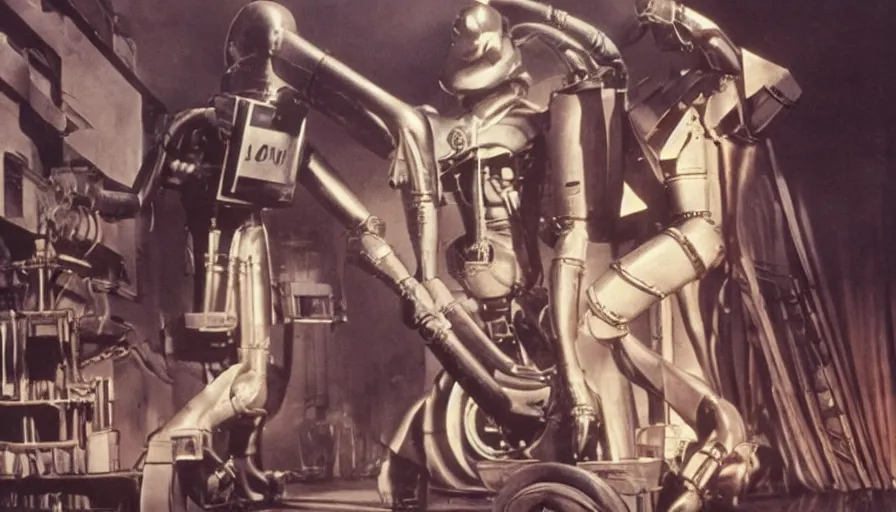 Image similar to colorized Fritz Lang movie about a beautiful robot woman