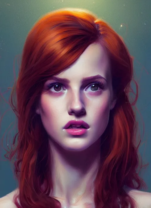 Image similar to portrait of teenage cheryl blossom, bangs, green eyes, mean expression, mischievous expression, red hair, bangs and wavy hair, bangs, intricate, elegant, glowing lights, highly detailed, digital painting, artstation, concept art, smooth, sharp focus, illustration, art by wlop, mars ravelo and greg rutkowski