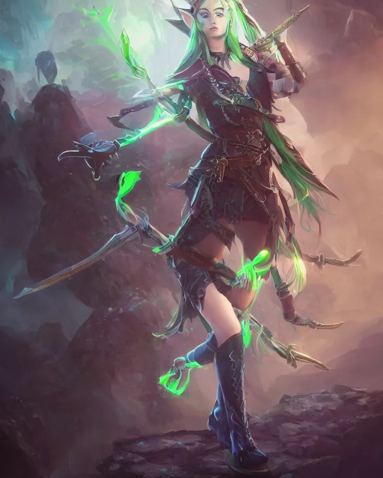 Image similar to portrait of a fantasy half - elf girl with green and blue balayage hair, holding a flintlock pistol, rapier on side, elven clothing, thigh high boots, glowing aura, 4 k, matte painting, greg rutkowski, artstation, concept art