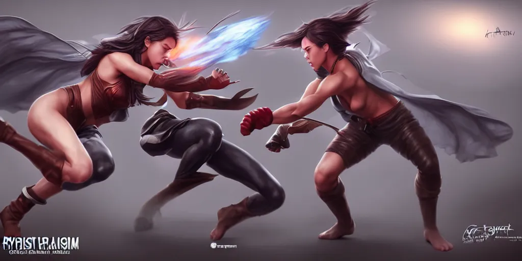 Prompt: hyper realistic fantasy fight scene, concept art, by artgerm