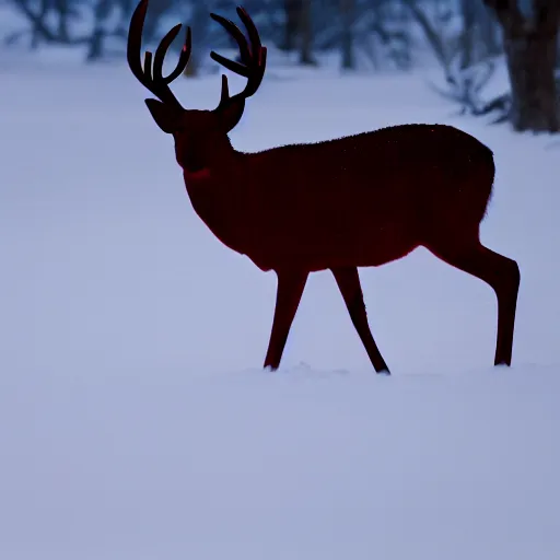 Image similar to deep rich red silhouette of a deer with white glowing magic in the air around him