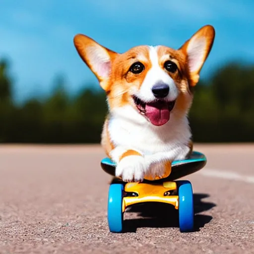Image similar to corgi on a skateboard, cute, happy, realistic