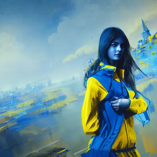 Prompt: ukrainian girl with blue and yellow clothes near big ruined city, concept art, trending on artstation, highly detailed, intricate, sharp focus, digital art, 8 k