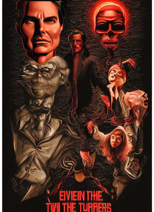 Image similar to evil beings are puppetmasters, pull the strings into the mind of tom cruise, they reach into his mind, twin peaks poster art, from scene from twin peaks, by michael whelan, artgerm, retro, nostalgic, old fashioned