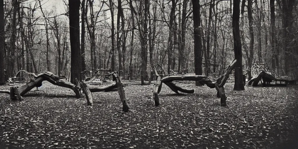 Prompt: playground in the wood on the river, five black wolves, pinhole analogue photo quality, blur, unfocus, cinematic, 35mm