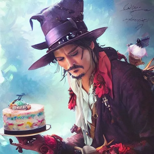 Image similar to johnny depp wearing a cake, warm fantasy, wenjun lin, studio ghibli, artgerm