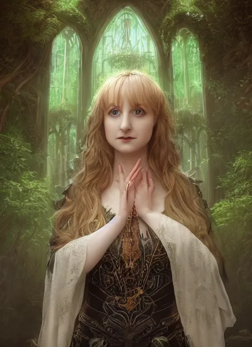 Prompt: Beautiful art portrait of Melissa Rauch as a fantasy gothic priestess in a bright temple surrounded by lush forest, atmospheric lighting, intricate detail, cgsociety, hyperrealistic, octane render, RPG portrait, ambient light, dynamic lighting