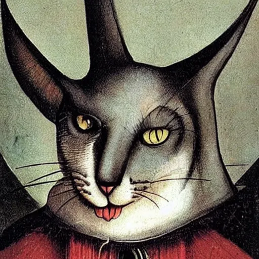 Image similar to stunning portrait of the cat of cheshire from alice in wonderland by hieronymus bosch