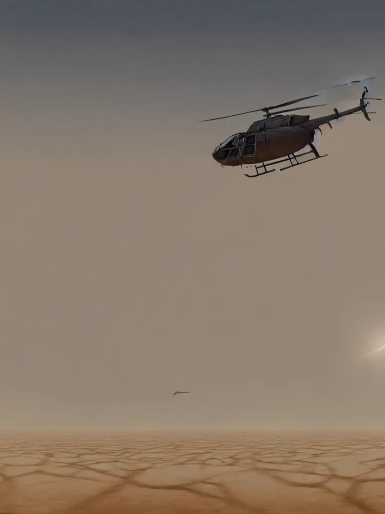 Image similar to a helicopter flying over a sand hills covered in dust, desert environment, extremely detailed matte painting by jeremy geddes, close up, featured on cg society, video art, reimagined by industrial light and magic, anamorphic lens flare, # vfxfriday