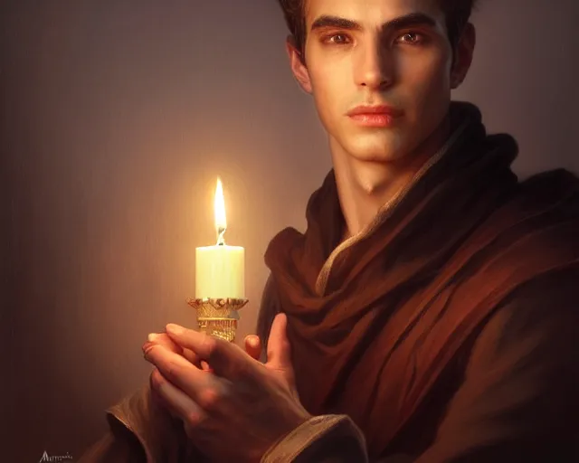 Image similar to a mind - blowing portrait of a fortune seeker male, clean shaven, holding a candle holder, wearing dark maritime clothing, intelligent, deep focus, d & d, fantasy, intricate, elegant, highly detailed, digital painting, artstation, concept art, matte, sharp, illustration, hearthstone, art by artgerm and greg rutkowski and alphonse mucha