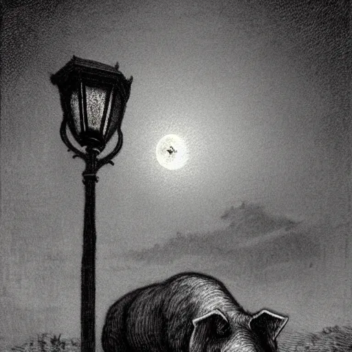 Image similar to pig in a tuxedo, illustration by Gustave Doré, moon, clouds, street lamp, high detail, eerie, street lamp, barn, creepy, dark, night, misty, moon, chiaroscuro, film noir