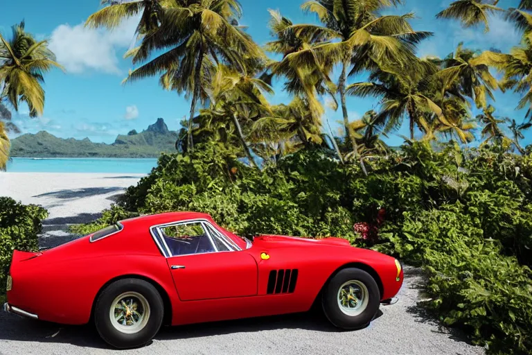 Image similar to cinematography of Ferrari 250 GTO series 2 in bora bora by Emmanuel Lubezki