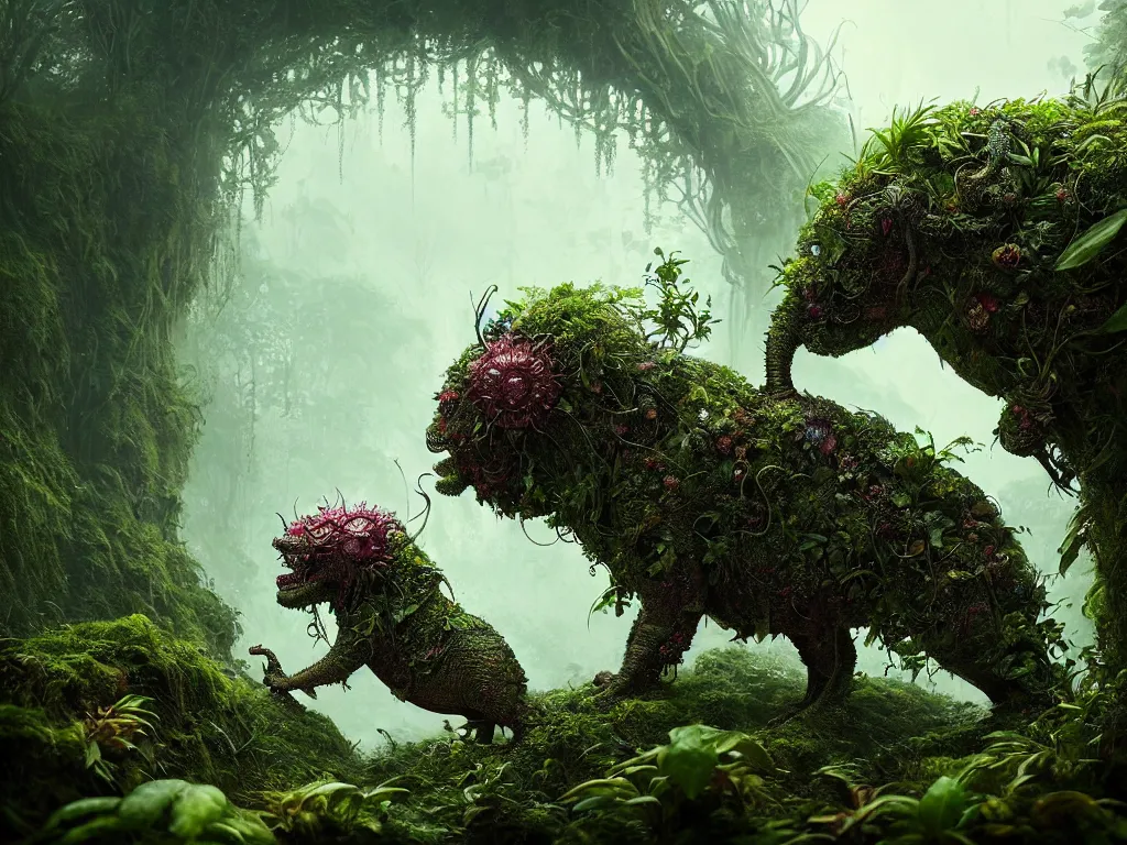 Image similar to creature in a lush trunda vegetation, snow snow :: by Michal Karcz, Daniel Merriam, Victo Ngai and Guillermo del toro :: ornate, dynamic, particulate, intricate, elegant, highly detailed, centered, artstation, smooth, sharp focus, octane render, 3d