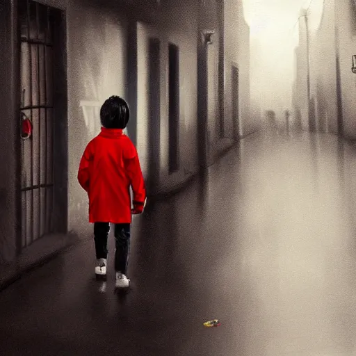 Prompt: A small child wearing red shoes and a rain coat obscuring his face walking alone in a dark alley, scary atmosphere,gloomy lighting, digital art , highly detailed , high contrast, beautiful lighting, award winning , trending on art station, 8k, photo realistic