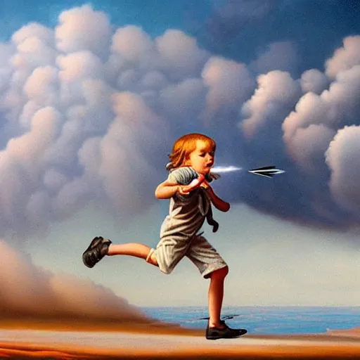 Image similar to a disappearing running child holding scissors in hand disappears evaporates dissolves into vapor, mist, smoke, a detailed matte painting by John Philip Falter and Jason Edmiston