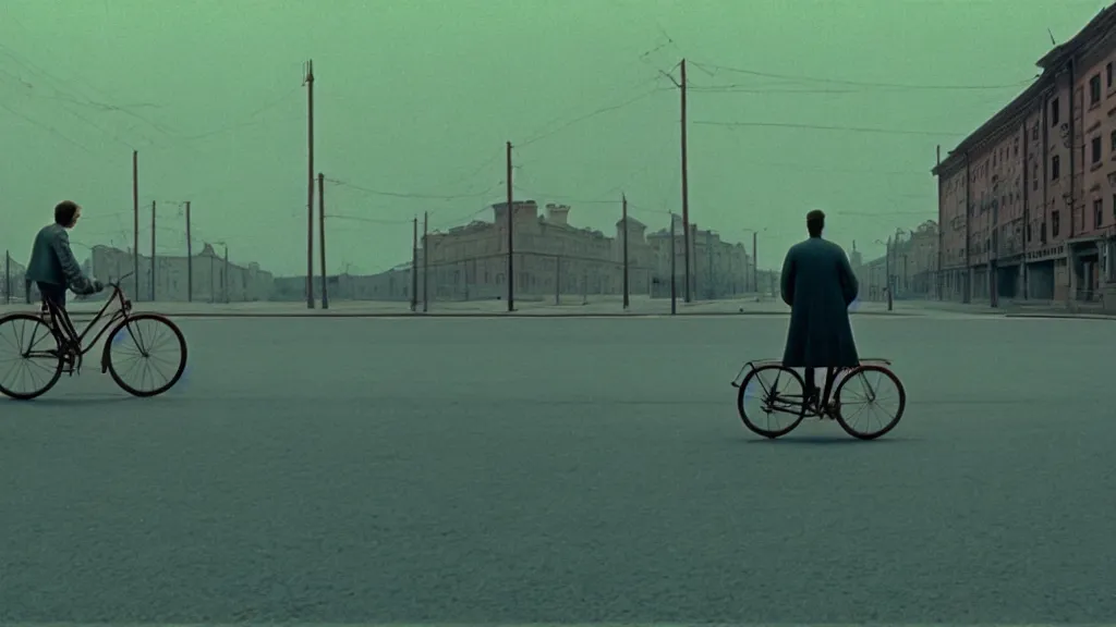 Image similar to a man riding a bicycle, film still from the movie directed by wes anderson with art direction by zdzisław beksinski, wide lens