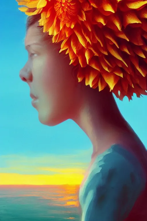 Image similar to closeup girl with huge dahlia flower head, portrait on beach, surreal photography, blue sky, sunrise, dramatic light, impressionist painting, digital painting, artstation, simon stalenhag