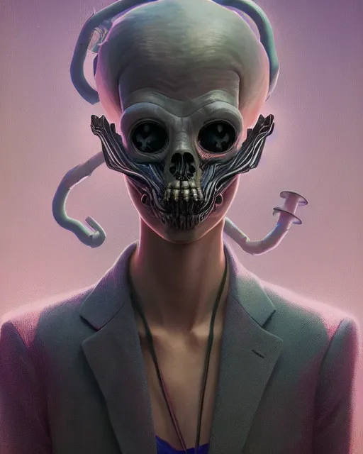 Image similar to highly detailed surreal vfx portrait of a raypunk grim reaper, stephen bliss, unreal engine, greg rutkowski, loish, rhads, beeple, makoto shinkai and lois van baarle, ilya kuvshinov, rossdraws, tom bagshaw, alphonse mucha, global illumination, detailed and intricate environment