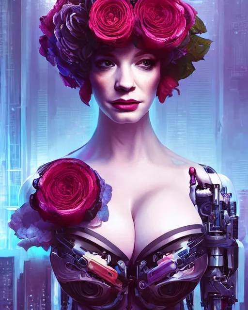 Image similar to portrait of christina hendricks with roses, cyberpunk cyborg. roses, sci - fi, intricate abstract upper body intricate artwork, by tooth wu, wlop, beeple, dan mumford. concept art, octane render, deviantart, greg rutkowski, cinematic arthouse, key art, hyper realism, iridescent accents