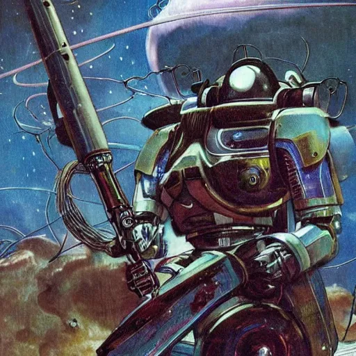 Prompt: a robot hunter from bloodborne on a space station, retrofuturism, for 1 9 7 0 s'sci - fi, by malcolm smith