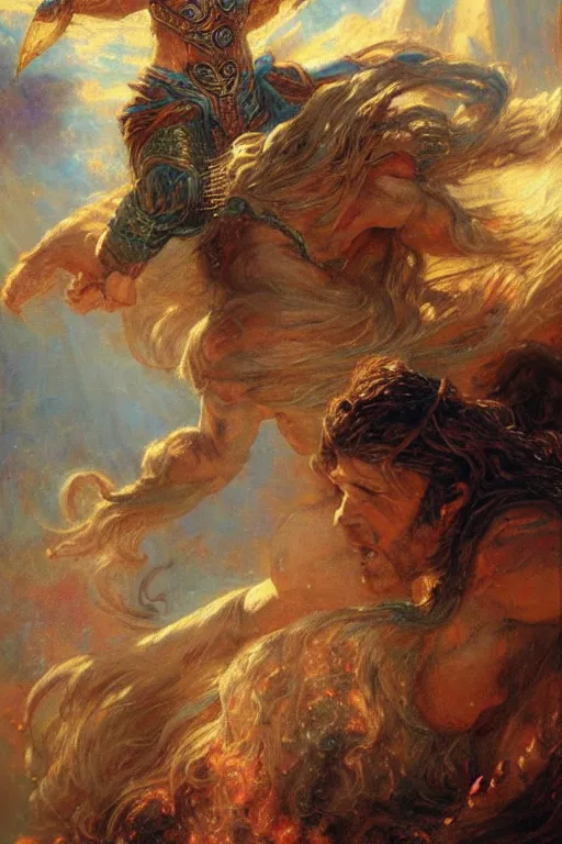 Image similar to portrait of rand al'thor channeling the one power during the last battle. art by gaston bussiere.