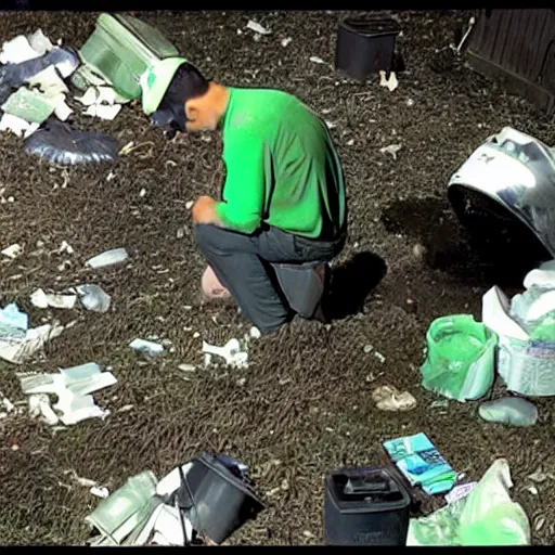 Image similar to green - tinted night vision footage of a family of raccoon digging through a gigantic mound of trash and papers and junk