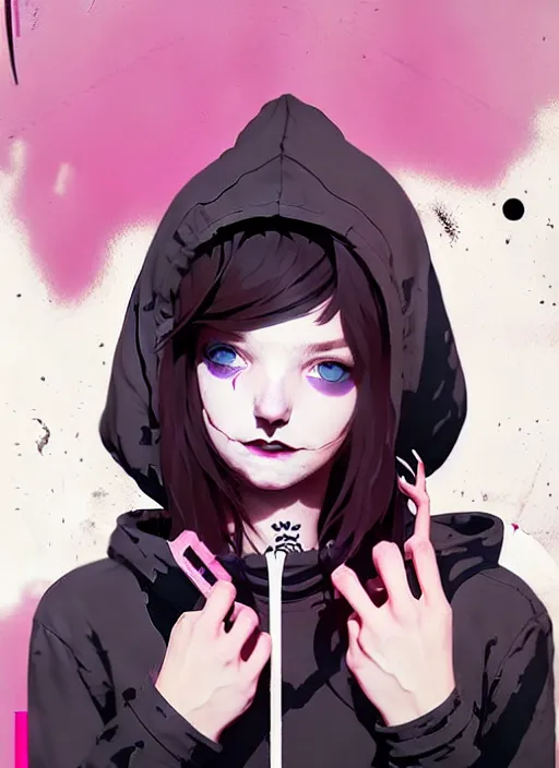 Image similar to highly detailed portrait of a urban punk lady student, blue eyes, hoodie, white hair by atey ghailan, by greg rutkowski, by greg tocchini, by james gilleard, by joe fenton, by kaethe butcher, gradient black, brown and pink color scheme, grunge aesthetic!!! ( ( graffiti tag wall background ) )